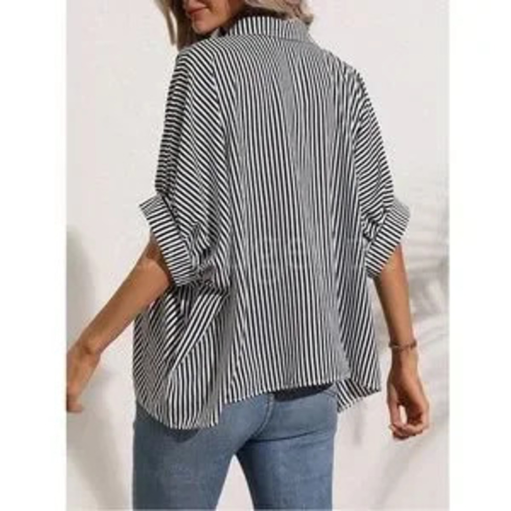Striped Black White Button Up Front Shirt Oversized Batwing Half Sleeve V-Neck - Picture 3 of 5